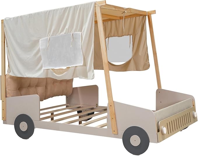 Classic Full Size Car-Shaped Platform Bed with Wheels and Ceiling Cloth, Solid Wood Low Bed Frame with Pillow and LED Lights, Cute Floor Bed for Kids Boy Girls