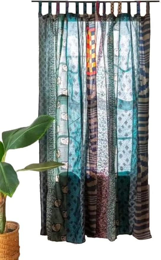 YILLE Boho Silk Sari Curtain Panel,1 Piece Vintage Handmade Lightweight Recycled Indian Silk Saree Window Drapes for Bohemian Living Room, Aesthetic Home Décor Wall Hanging - Blue, 84 X 43 in