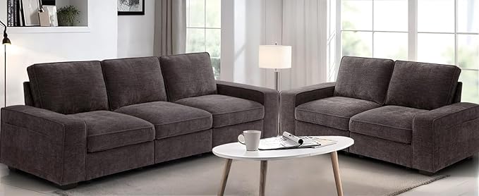 TEKAMON 100" Modular Sofa with Seats Storage, Comfy 3-Seater Chenille Fabric Couch for Living Room, Office, Apart W/Deep Seat, USB Charging, Side Pockets, Couch with Removable Cover (Dark Grey)