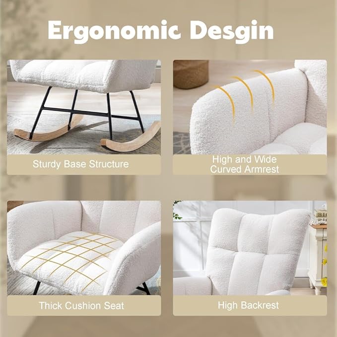 Nursery Rocking Chair Teddy Upholstered Glider Rocker Rocking Accent Chair with High Backrest Armchair Comfy Side Chair for Living Room, Bedroom, Offices (White)
