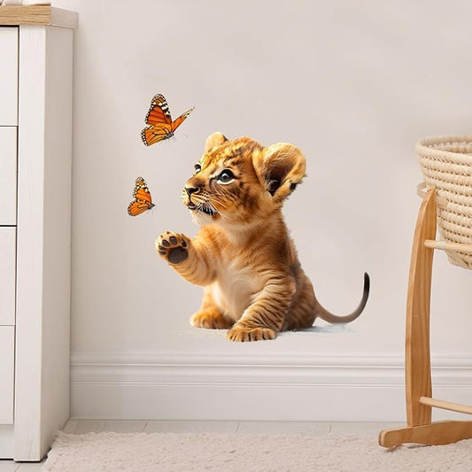 Baby Lion and Butterflies Wall Decals Removable African Animal Vinyl Stickers for Nursery Kids Bedroom and Playroom Realistic Decor Peel and Stick Wall Art