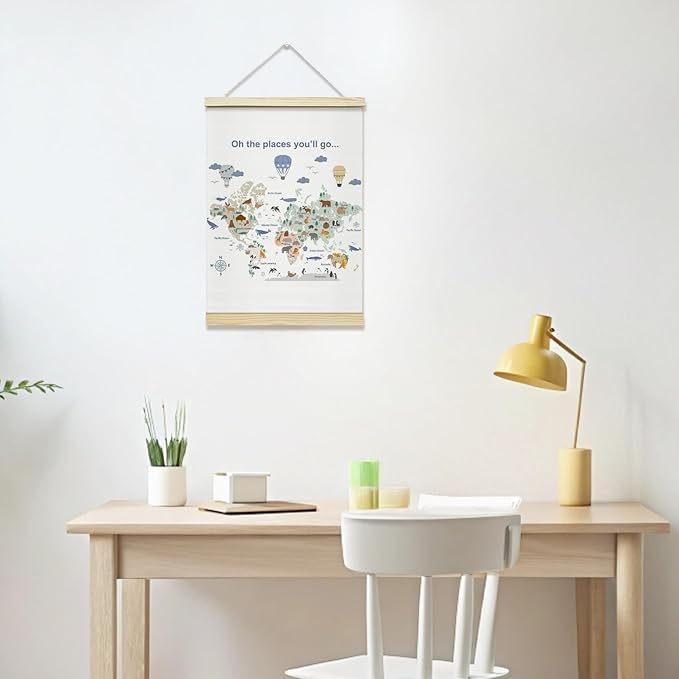 TRKAE Animals World Map Canvas Poster Hanger Frame, Educational Wall Art for Kids, Learning Wall Decor for Classroom Nursery Playroom Bedroom -032
