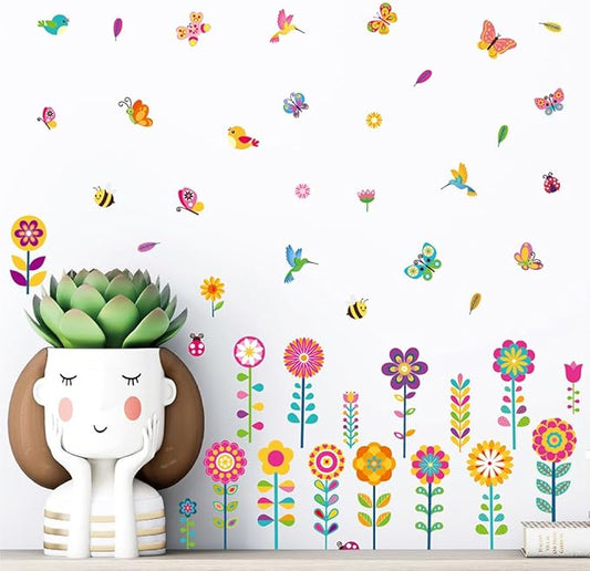 124 Pcs Spring Garden Wall Decals – 16 Sheets Waterproof Vinyl Flower Stickers for Baseboard Skirting Board, Peel and Stick Floral Decals with Butterflies Bees Birds for Nursery Kids Room Classroom