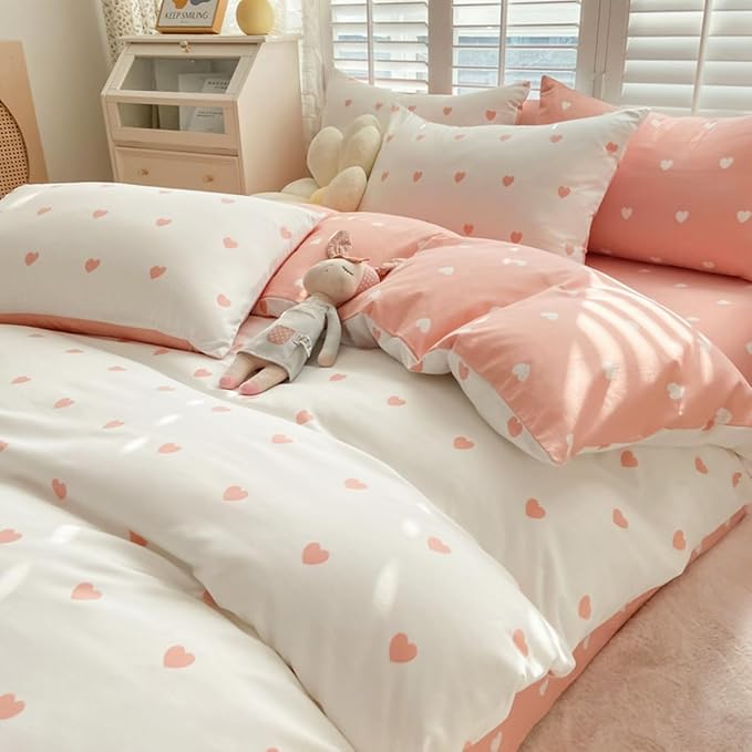 Blush Pink Duvet Cover Set Twin Heart Bedding Set Cute Love Heart Bedding 2Pcs Girls Reversible White Pink Duvet Cover with Zip and 1 Pillowcase（No Comforter）