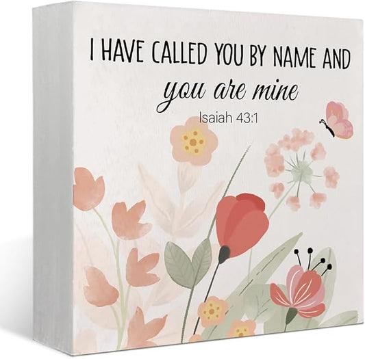 Bible Verse Boho Watercolor Wooden Box Block Sign, Christian Religious Gift, I Have Called You by Name, You Are Mine, Inspirational Nursery Home Desk Shelf Decor, 5x5