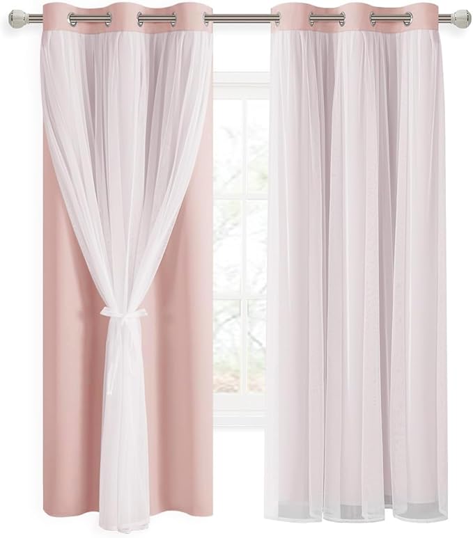 DWCN Layered Curtains Blackout and Sheer Curtains with Tiebacks Grommet Top Window Treatments with Sheer Overlay for Living Room, Girls Bedroom, Nursery, 38 W by 63 L, Rose Blush, 2 Pieces