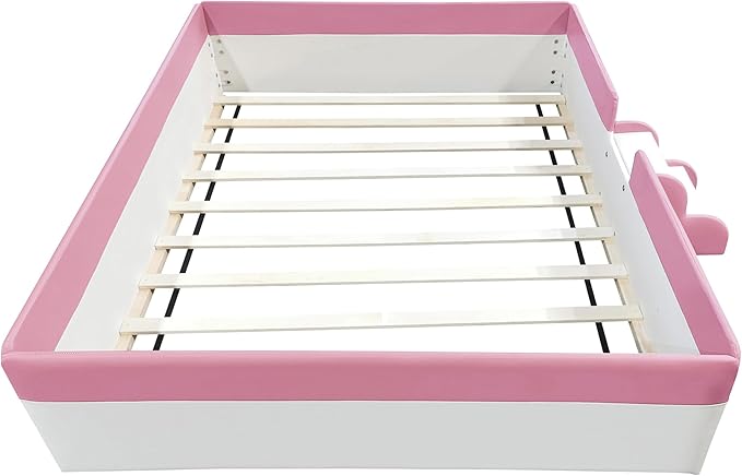 Full Size Upholstered Daybed Frame with Fence and Stairs, Montessori Kids Floor Bed with Sturdy Slat Support for Kids Boys Girls