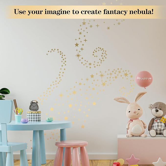 Vintage Gold Star Wall Stickers, 5 Sheets 210 Pcs Decals with Stars & Dots, Peel and Stick Wall Art Sticker, Removable Vinyl Star Wall Decor for Bedroom, Nursery, Ceiling, Party Decorations
