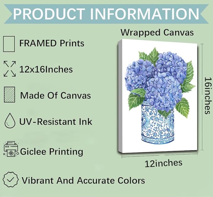 LUHDFYS Blue White Willow Style Ginger Jar Watercolor Chinoiserie Decor Canvas Painting Orchid Oriental Vase Porcelain Flower Jar Prints Wrapped Canvas (12x16Inch Wrapped Canvas)