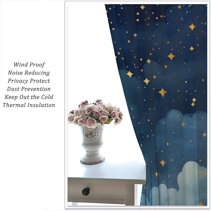 Night Sky Stars Curtain for Kids, Blue Starry Space Galaxy Pattern Window Treatments for Boys Girls Bedroom Toddlers Room Living Room 72" W X 63" L