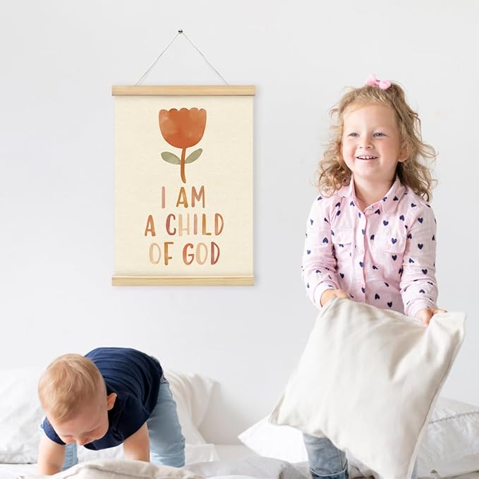 PLKMN Christian Nursery Wall Decor, I am a Child of God Wall Art with Wooden Poster Hanger, Boho Floral Christian Wall Decor for Nursery Kids Room Sunday School Preschool Classroom, 12x16 Inch