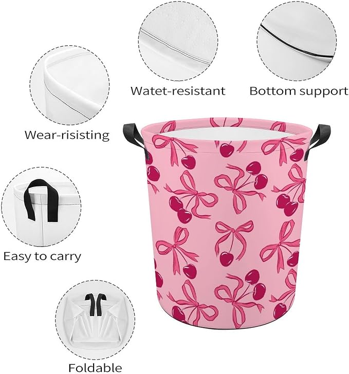 Pink Laundry Basket Cherry Decor Bow Laundry Hamper Clothes Toy Storage Bin for Bedroom Bathroom