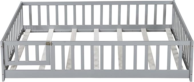 Ball & Cast Full Size Montessori Floor Bed,Wooden Floor Bed Frame with Wood Slats,Montessori Toddler Bedframe W/Door and Safety Guardrails for Girls Boys,Bedroom,Playroom,No Box Spring Needed,Grey