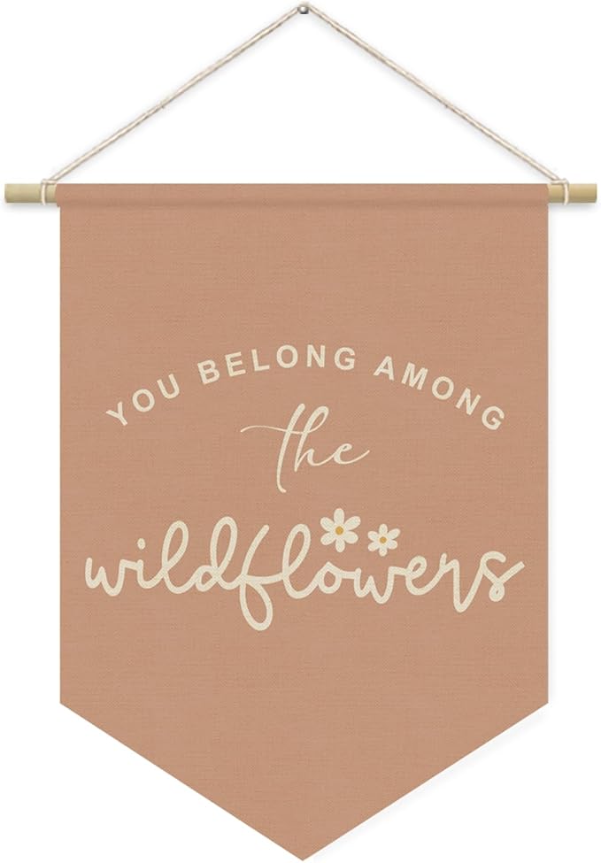 Wildflower Nursery Decor, Girls Room Decor - Wildflower Pink Linen Banner Flag for Little Girl Baby Girl,Wall Hanging Pennant Flag Banner 15x11in