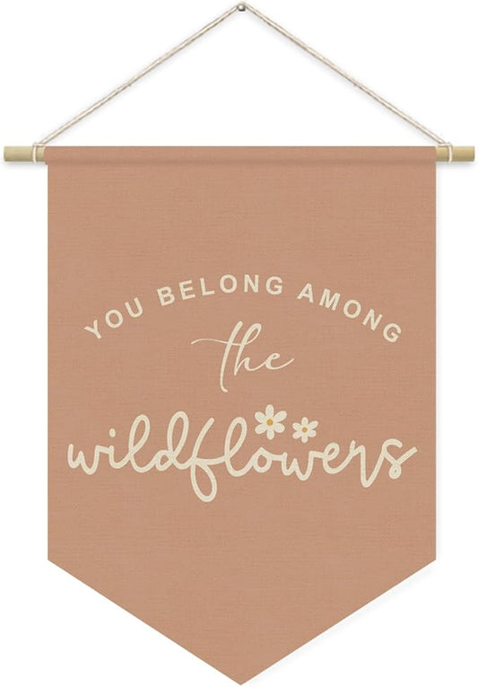 Wildflower Nursery Decor, Girls Room Decor - Wildflower Pink Linen Banner Flag for Little Girl Baby Girl,Wall Hanging Pennant Flag Banner 15x11in