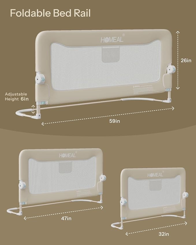 HOMEAL 59in Foldable Toddler Bed Rails, Bed Rail for Toddlers, Baby Bed Rail Guard for King Size,Twin Size, Full Size, Queen Size Beds, Bed Guard Rail, Beige