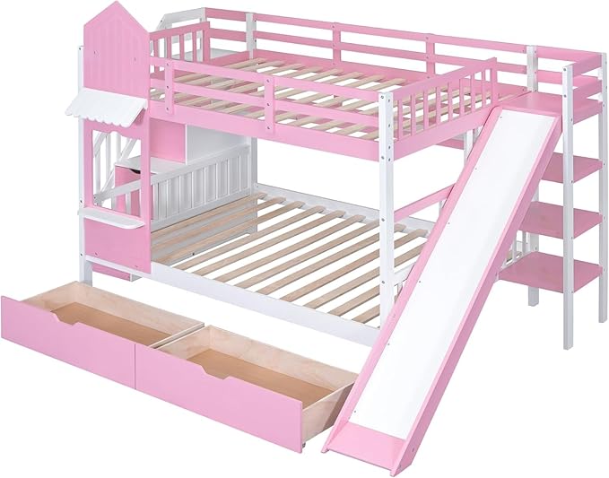 MERITLINE Full Over Full Castle Bunk Bed with Slide,Stairs and Drawers,Solid Wood Floor House Princess Bunk Bed with Storage Shelves (Pink,Full Over Full)