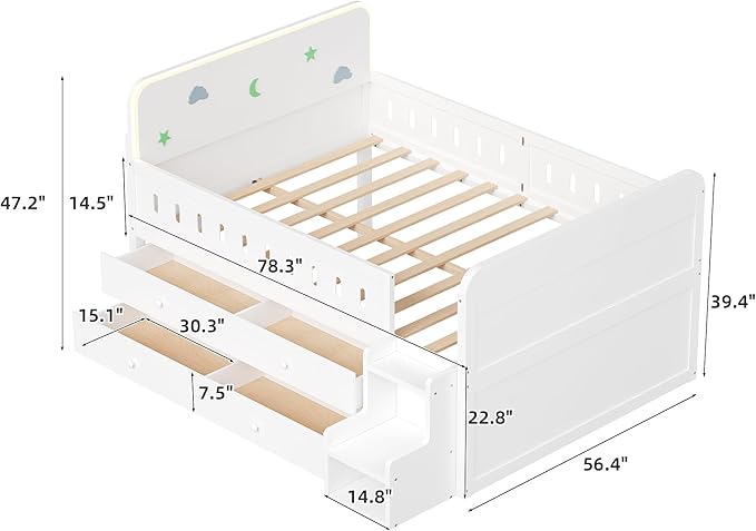 Full Size Platform Bed with Guardrail and 4 Drawers, Wooden Kids Platform Bed Frame with Two-Step Staircases and Light Strip for Boys Girls, Sturdy Slats Support (White-11A)