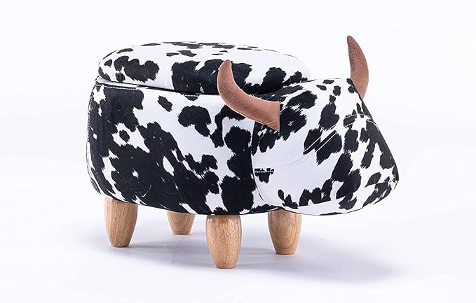 Home 2 Office Cow Ottoman for Kids' Bedroom, Playroom, Nursery, and Living Room, Animal Ottoman with Storage, Footstool for Kids, Black/White