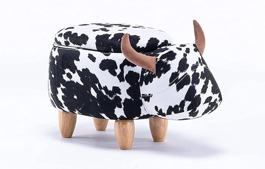 Home 2 Office Cow Ottoman for Kids' Bedroom, Playroom, Nursery, and Living Room, Animal Ottoman with Storage, Footstool for Kids, Black/White
