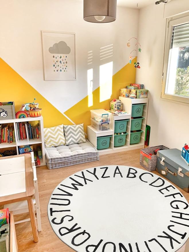 Topotdor Round Kids Play Rug Alphabet Nursery Area Rug Extra Large Soft Crawling Play Mat for Children Toddlers Bedroom (47 inch, White)