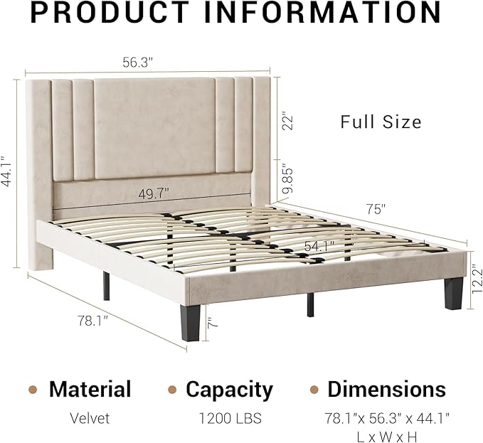 Tyndall Full Size Bed Frame, Velvet Upholstered Platform with Headboard, Beige