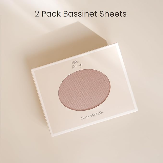 Konssy 2 Pack Muslin Fitted Bassinet Sheets for Girl Boy, Soft Breathable Baby Bassinet Sheets Fit for Baby Bassinets, Cradle, Moses Basket Oval Rectangle Pad/Mattress (Pink,Summer Wheat)