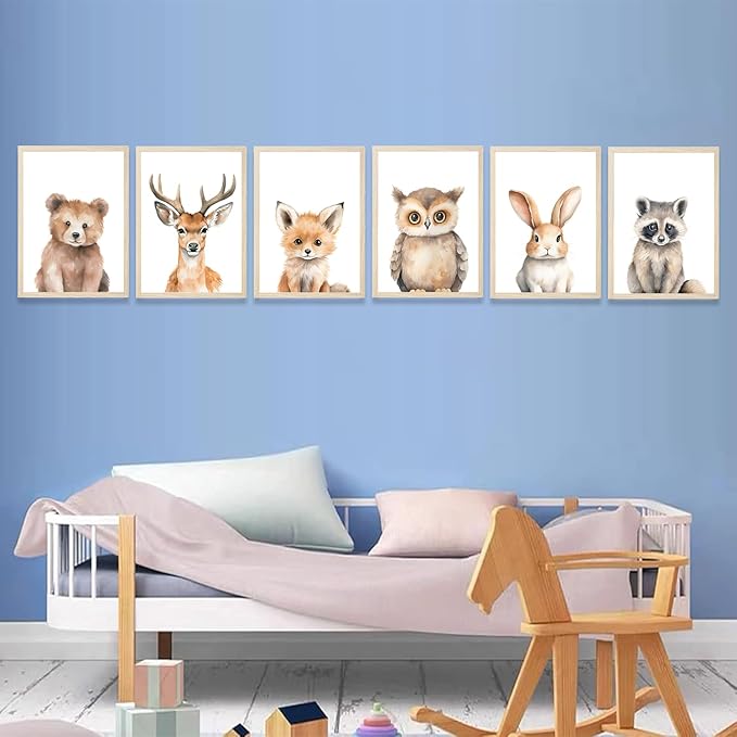 6 Animal Wall Art for Kids Room, Baby Room, Woodland Animals, Cute Bear, Deer, Rabbit Poster Prints, Safari Themed Paintings for Boys Girls Room (8x10 Inch Posters)