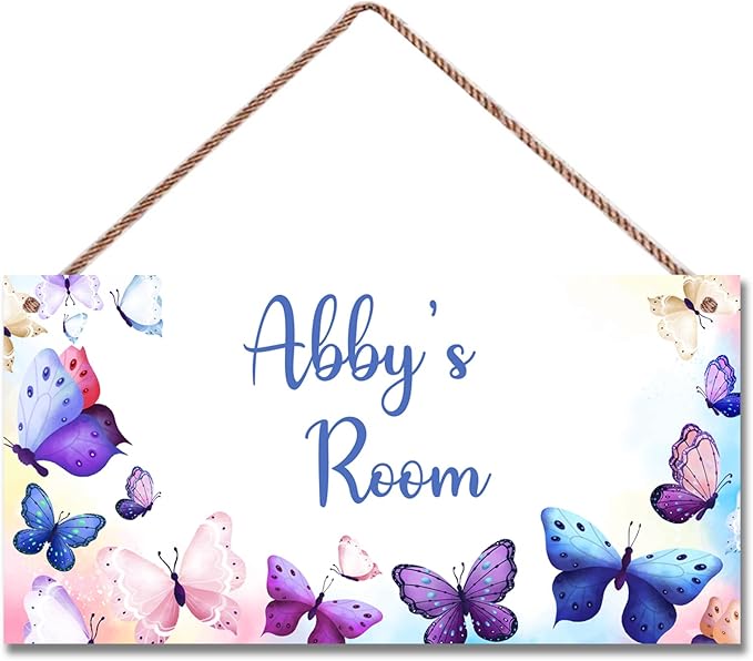 Personalized Pink Purple Butterfly Sign For Girls Bedroom Baby Nursery Door Fantasy Flower Wood Plaque Hanging Wall Art Decor For Kids Room Little Man Cave