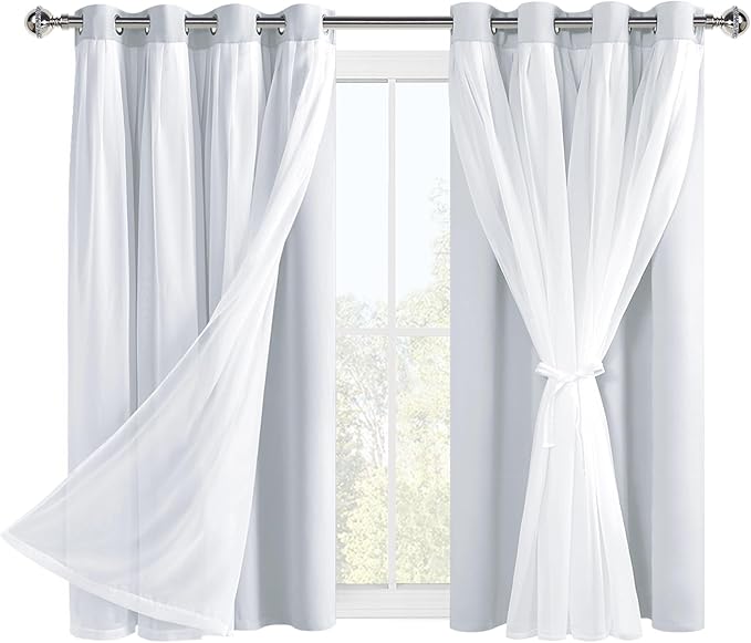 Hiasan Greyish White Blackout Curtains with Sheer Overlay, Grommet Thermal Insulated Mix & Match Double Layer Window Curtains for Girls Bedroom, Living Room, 2 Panels Sewn with Tiebacks, 52W X 54L
