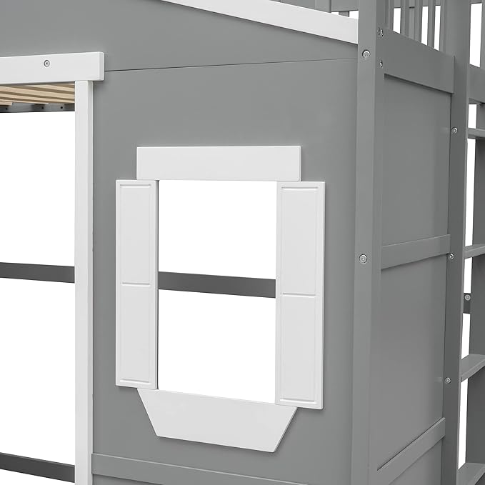 Twin Size Loft Bed with Safety Guardrail for Kids Boys Girls, Playhouse Design Solid Wood Loft Bed Frame with Ladder and Windows, Strong Wood Slats Support, Space-Saving (Gray+w Twin)