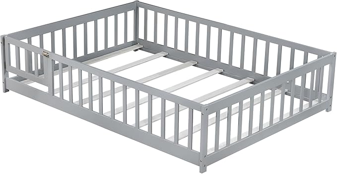 Ball & Cast Full Size Montessori Floor Bed,Wooden Floor Bed Frame with Wood Slats,Montessori Toddler Bedframe W/Door and Safety Guardrails for Girls Boys,Bedroom,Playroom,No Box Spring Needed,Grey