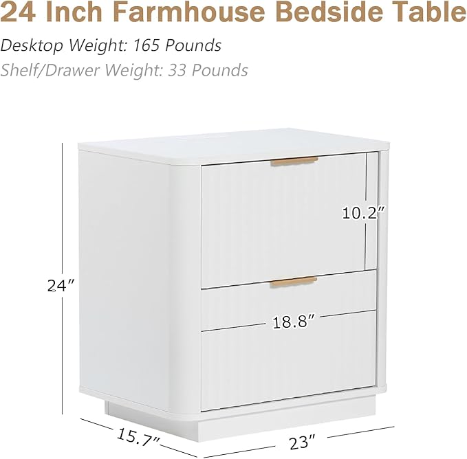 Fluted Nightstand with Charging Station, 23" Night Stands with 2 Drawers, Wood End Table with Storage, White Bedside Cabinet for Bedroom
