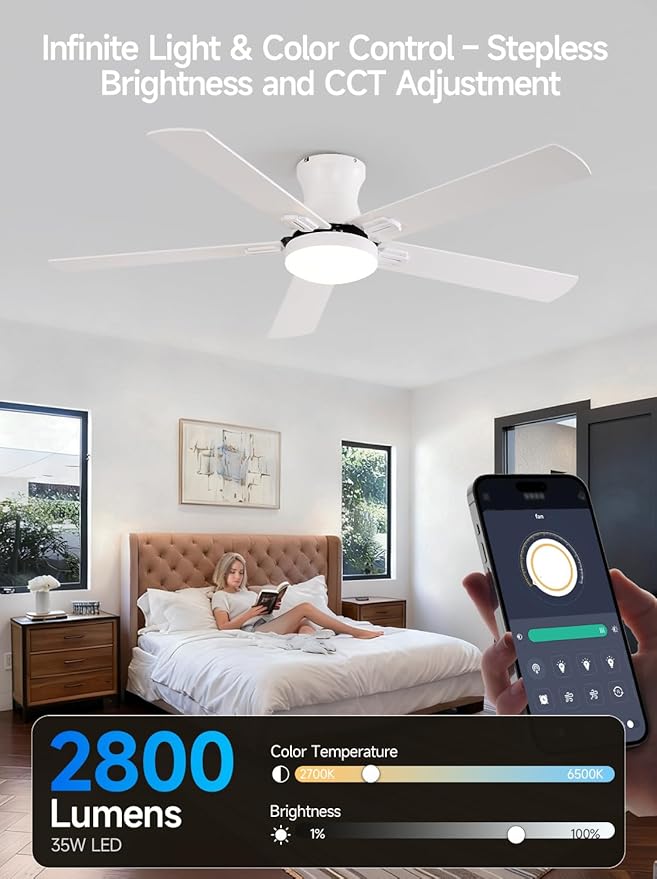 52 Inch Ceiling Fans with Lights, RGB Ceiling Fan with Remote and App,Flush Mount Low Profile, Dimmable 35W LED, Reversible, Smart Ceiling Fan for Bedroom Nursery Living Room Apartment,White