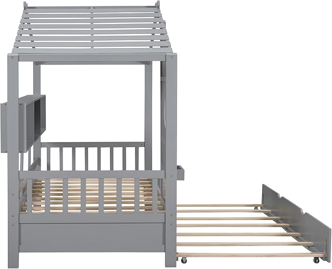 Twin Size Wooden House Bed with Trundle, Modern Design Kids Bed Frame with Storage Shelf for Kids Teens Adults, Wood Slat Support, No Box Spring Needed, Easy Assembly (Grey)