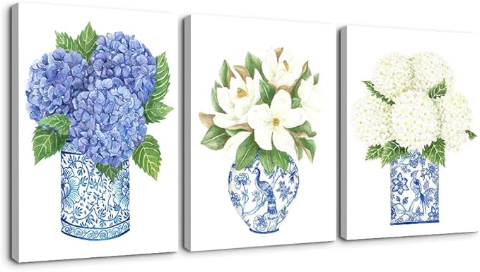 LUHDFYS Blue White Willow Style Ginger Jar Watercolor Chinoiserie Decor Canvas Painting Orchid Oriental Vase Porcelain Flower Jar Prints Wrapped Canvas (12x16Inch Wrapped Canvas)