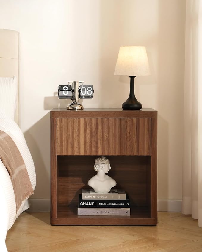 Night Stand Set of 2, Fluted Nightstand with Drawers, Wood Bedside Table with Storage, Mid Century Nightstands Night Stands Bed Side Table for Bedroom, Side Tables End Tables for Living Room