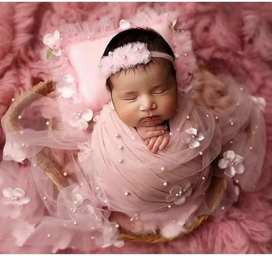 Newborn Baby Photography Props Blanket, Baby Photo Props Pearl Wrap Blanket Headband for Baby Boys Girls Photoshoot (Pink)