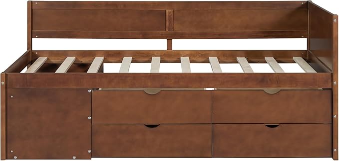 Twin Size Daybed with 4 Storage Drawers and Shelves, Wooden Twin Platform Bed Frame with L-Shaped Headboard and Slats Support, Corner Bed Twin Captain Beds for Kids Boys Girls Teens, Walnut