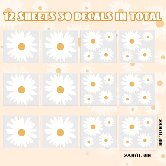 12 Sheets Daisy Wall Decals, White and Yellow Daisy Flowers Wall Stickers, Large Vinyl Peel and Stick Floral Wall Decor for Living Room Bedroom Decoration Baby Girls Room Nursery Room