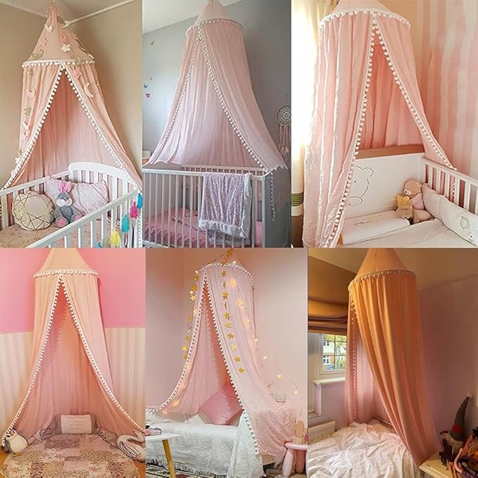 Bed Canopy, Hanging Round Dome Mosquito Net Curtains Tent Canopies Over Cute Princess Style Decoration Crib Ceiling Castle For Girls Baby Kids Boys Child Nursery Bedroom Reading (Pink)