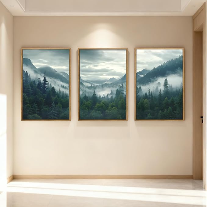IARTTOP Large Misty Mountain Framed Wall Art 16x24 inch Green Foggy Forest Canvas Wall Decor Modern Pine Trees Nature Landscape Prints for Living Room Bedroom Set of 3