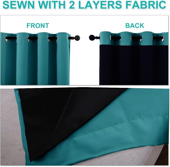 NICETOWN Peacock Teal 100% Blackout Lined Curtains, 2 Thick Layers Narrow Wide Window Treatment Panels Thermal Insulated Drapes for Kitchen Small Window (1 Pair, 37" Width x 63" Length Each Panel)