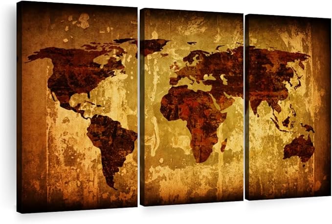 ElephantStock Vintage World Map Wall Art Multi Piece Canvas - 3 Piece Canvas World Map Wall Decor - Wall Decor - Ready-to-Hang Print - Vintage Wall Art - 23" X 14"