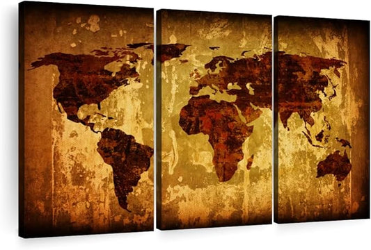 ElephantStock Vintage World Map Wall Art Multi Piece Canvas - 3 Piece Canvas World Map Wall Decor - Wall Decor - Ready-to-Hang Print - Vintage Wall Art - 57" X 36"