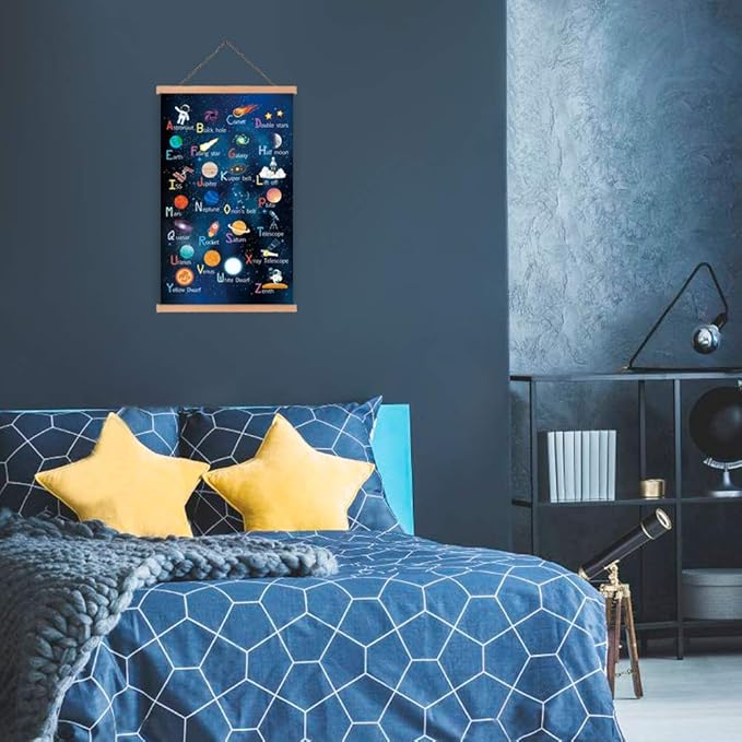 KAIRNE Outer Space Art Print With Wood Magnetic Poster Hanger Frame, Astronomy Alphabet Letters Canvas Wall Art,Abstract Universe Educational Poster,40X64CM Hanging Painting For Home Classroom Decor
