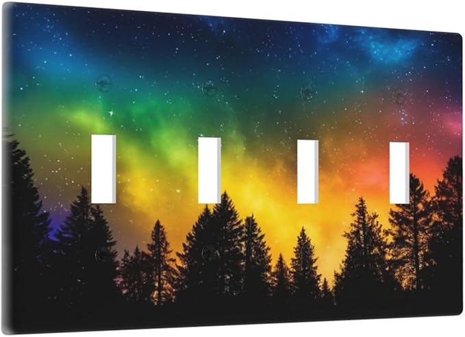Light Switch Cover Colorful Starry Sky Black Forest Aurora 4 Gang Switch Plate Covers Quad Toggle Wall Plates Decorative Switchplate Electrical Faceplate for Bathroom Home Decor
