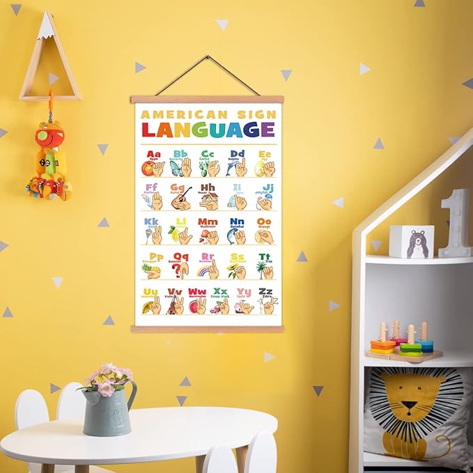 KAIRNE American Sign Language Poster With Wood Magnetic Hanger Framed(35CMx56CM),ASL Alphabet Wall art Teaching Aid alphabet Chart for Kids Playroom Classroom Decor