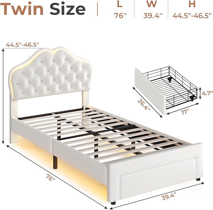BTHFST Twin Size Girl Bed with Storage Drawer & LED Lights, Upholstered Platform Bed, Adjustable Headboard with Velvet Crystal Button Princess Bed, Wood Slats Support, No Box Spring Needed, Beige