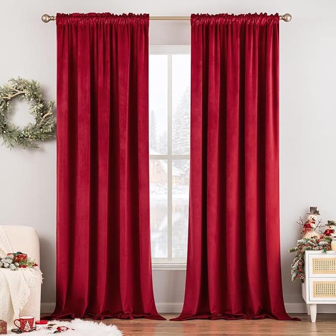 MIULEE Christmas Red Velvet Curtains Thermal Insulated Blackout Curtain Drapes for Bedroom Living Room Darkening 96 Inches Long Curtains Panels Rod Pocket Set of 2